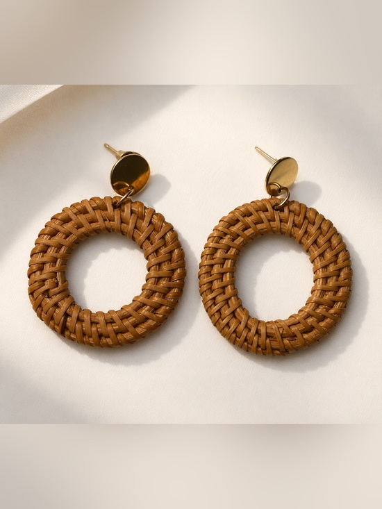 None Jewelry - Woven Tan Hoop Drop Earrings with Gold Studs - Women Jewelry